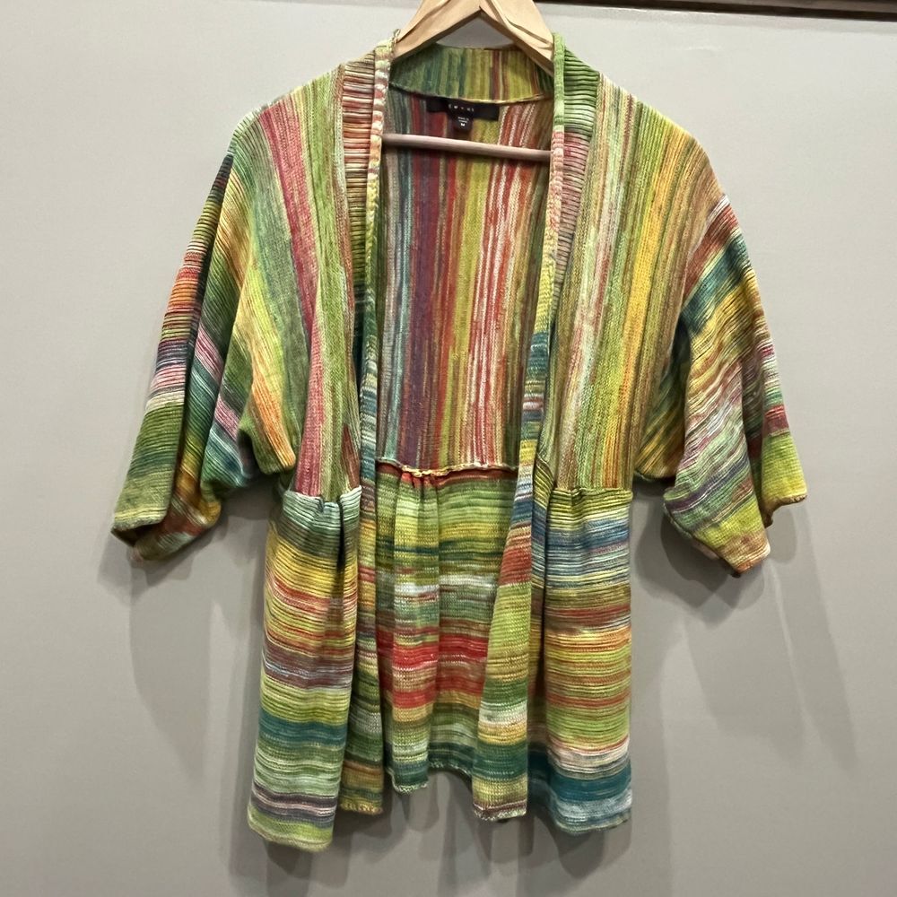 Colorful Striped Knit‎ Open Front Cardigan Kimono Sweater Boho Rainbow Beach
